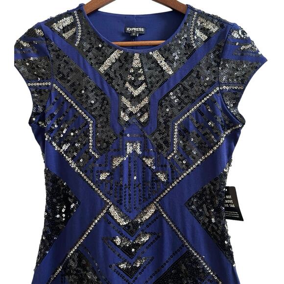 Express Sequin Aztec Art Deco Mini Dress Blue Black Bodycon Party Size Small - Picture 3 of 11